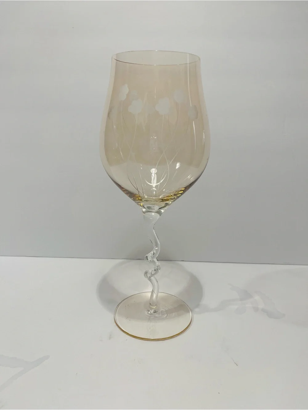 Vintage Stimus Romania Large Iridescent Etched Wine Glass 10-3/4”
